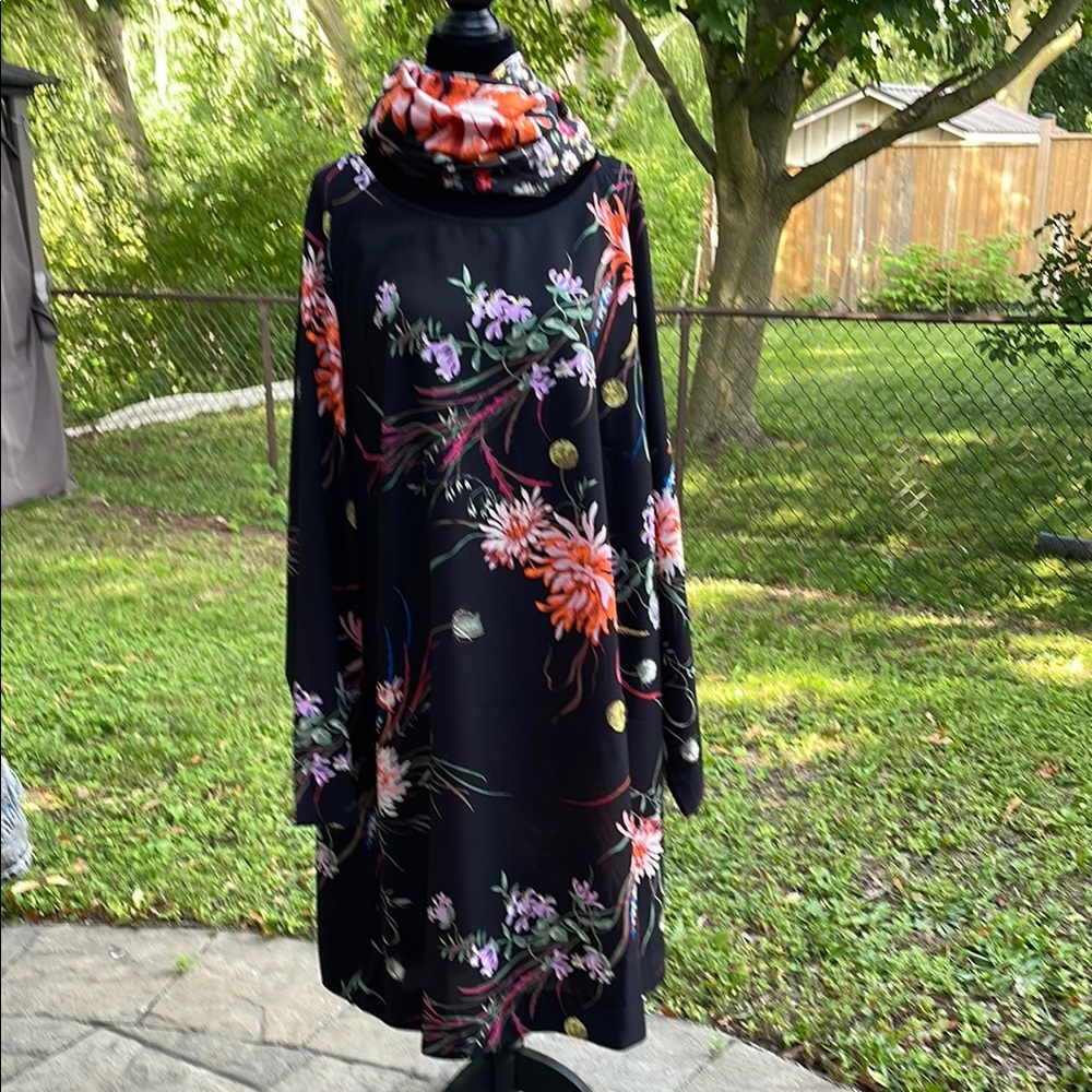 H&M Black and Green Floral Dress with matching scarf
